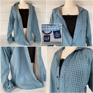 RARE Vintage Y2K 2000 GAP M* Jersey LINED Plaid Button Down Shirt BLUE Soft Cozy